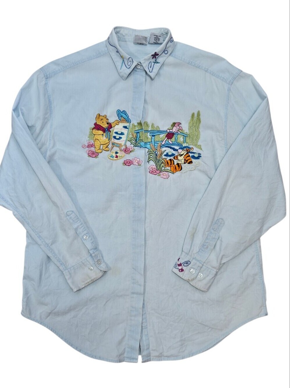 VINTAGE Y2K Disney Store Winnie The Pooh Embroidered Denim Button Shirt Large